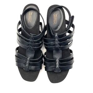 Aertrex Black Leather Heeled Sandals Strappy Womens 7.5 W Wide